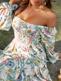 2025 summer new  2025 New Popular trade square collar horn long sleeve high waist dress loose dress