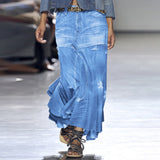 Goosudu Hyperbolic Patchwork Tiered Ruffle Denim Skirt