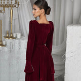 ANTMVS2025 style new autumn and winter party dress  lady dress, Korean velvet horn sleeve square collar A-shaped long dress for women