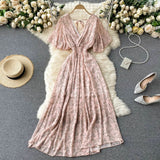 Seaside Holiday Dress Summer 2024 New Sexy V-neck Tight Waist Slimming Long Chiffon Floral Beach Dress