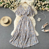 Seaside Holiday Dress Summer 2024 New Sexy V-neck Tight Waist Slimming Long Chiffon Floral Beach Dress