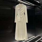2025 velvet dress women's autumn and winter high-end sense Hepburn style temperament semi-high neck waist pleated bottom long dress