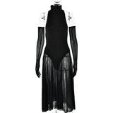 2025 popular new  fashion sexy mesh splicing perspective semi-turtleneck women's skirt temperament slim sleeve dress