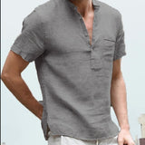 GOOSUDU Summer New Cotton and Linen Short-Sleeved Men's T-shirt Stand Collar Buckle Half Cardigan Simple Short-Sleeved Shirt