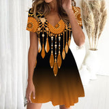 New Spring and Summer V-neck Short Sleeve Midi Dress Retro Ethnic Colorful Digital Printing Sweet Women's Clothing Wq20