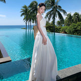 2025 super fairy white hollow slanted shoulder dress women's summer high-end temperament seaside vacation waist long skirt