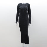 ANTMVS2025 crumpled long tight dress women's  autumn new solid color round neck long sleeve long dress