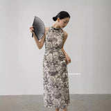 goosudu Es Modish New Chinese Style Cheongsam Style Flower in Ink Sleeveless Buckle Waist-Tight Dress