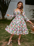 2025 summer new  2025 New Popular trade square collar horn long sleeve high waist dress loose dress