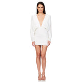 Popular trade women's deep V-pleated long-sleeved dress summer high-end hip-wrapped backless sequin dress women