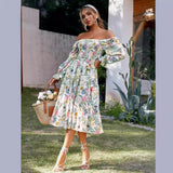2025 summer new  2025 New Popular trade square collar horn long sleeve high waist dress loose dress