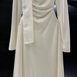 2025 velvet dress women's autumn and winter high-end sense Hepburn style temperament semi-high neck waist pleated bottom long dress