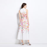 Popular trade  women's clothing  summer new neck sleeveless oil painting flower vacation style long jumpsuit