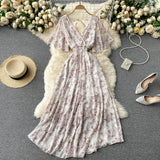 Seaside Holiday Dress Summer 2024 New Sexy V-neck Tight Waist Slimming Long Chiffon Floral Beach Dress