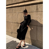 2025 Hollow knitted long-sleeved dress women's  spring new design sense niche temperament slim and thin long dress
