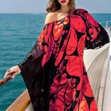 2025New spring and summer new  women's clothing slanted shoulder dress Bohemian dress printed loose off-the-shoulder dress