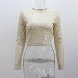 ANTMVS2025 long-sleeved crew neck nightclub sexy short top,  hot sale versatile Spice Girl solid color sequined T-shirt