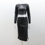 ANTMVS2025 style sequin suit, sexy party nightclub women's clothing, long-sleeved short top, split skirt, bead piece two-piece set