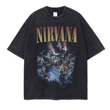 GOOSUDU Nirvana Band Rock Nirvana Cobain Cococoben Worn Looking Washed-out Vintage Batik Loose T-shirt