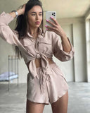 GOOSUDU New 2025 style cross-border fashion suit lapel long-sleeved solid color shirt top shorts button two-piece set wholesale