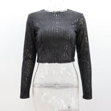 ANTMVS2025 long-sleeved crew neck nightclub sexy short top,  hot sale versatile Spice Girl solid color sequined T-shirt