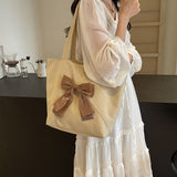 College Student Class One-Shoulder Canvas Bag Contrast Color Bow Women's Bag Large Capacity  New High-Grade Tote Bag