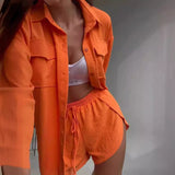 GOOSUDU New 2025 style cross-border fashion suit lapel long-sleeved solid color shirt top shorts button two-piece set wholesale