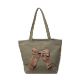 College Student Class One-Shoulder Canvas Bag Contrast Color Bow Women's Bag Large Capacity  New High-Grade Tote Bag