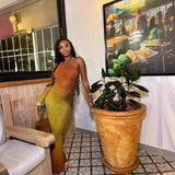 M6029 European and American 2025 Summer Fashion Printed Sexy Shoulder Single Sleeve Gradient Color Sheath Dress