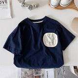 Boy's Short-Sleeved T-shirt Summer Loose round Neck White Hip Hop Casual Printing Tide Summer Children Baby's Top Men