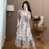 summer new  light luxury mesh printing splicing waist thin medium and long temperament dress dress women