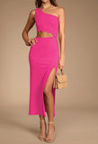 2023 European and American  New Women's Summer One Shoulder Sleeveless Hollow out Side Slit Tight Extra Long Dress