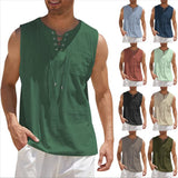 GOOSUDU Cross-Border  Hot Sale New Men's Vest Shirt Lace-up Fashion Solid Color Cotton Linen Short Sleeve T-shirt