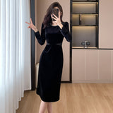 2025 spring new fashion golden velvet splicing waist beads celebrity style medium and long dress