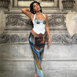 GOOSUDU Hot trade New Popular, 2025 and popular autumn new smudge printing personalized pleated top slim strap skirt set