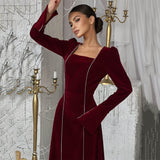 ANTMVS2025 style new autumn and winter party dress  lady dress, Korean velvet horn sleeve square collar A-shaped long dress for women