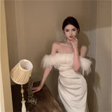 2025 Hepburn style  high-end one-word shoulder dress women's autumn and winter new feather satin tube top evening dress