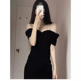 Black Pure Desire Style Sexy Women Clothing 2024 New Summer Sling Dress off-Shoulder High Sense Super Fairy