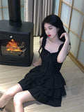 Strap Dress Women's Summer Pure Desire Sexy Ruffles Elegant High Sense Cake Short Skirt Black Dress