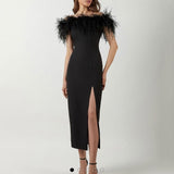 2025New spring and summer new  women's clothing one-word shoulder evening dress feather celebrity dress banquet temperament long dress