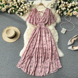 Seaside Holiday Dress Summer 2024 New Sexy V-neck Tight Waist Slimming Long Chiffon Floral Beach Dress