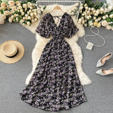 Seaside Holiday Dress Summer 2024 New Sexy V-neck Tight Waist Slimming Long Chiffon Floral Beach Dress