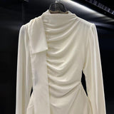 2025 velvet dress women's autumn and winter high-end sense Hepburn style temperament semi-high neck waist pleated bottom long dress
