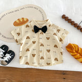 INS Boy  Summer Handsome Gentleman Bow Tie Short Sleeve Printed Bear Shirt Shorts Two-Piece Suit