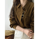 2025 corduroy polo collar shirt women's popular spring solid color long sleeve chic loose college style top 88