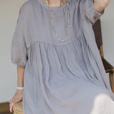 Five-quarter sleeve ramie dress gradual change design sense large size loose cotton and linen long dress loose  new summer
