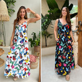 2024 New New European and American Retro Summer Printed Long Dress V-neck Multicolor Long Sexy Sleeveless Dress