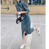2025 Autumn retro denim skirt long-sleeved dress  early autumn new women's clothing fashion trend split high sense