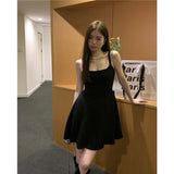 Black Camisole Dress Women's Summer Square Collar Retro  High-Grade A- line Skirt Temperament Waist-Controlled Skirt