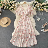 Seaside Holiday Dress Summer 2024 New Sexy V-neck Tight Waist Slimming Long Chiffon Floral Beach Dress